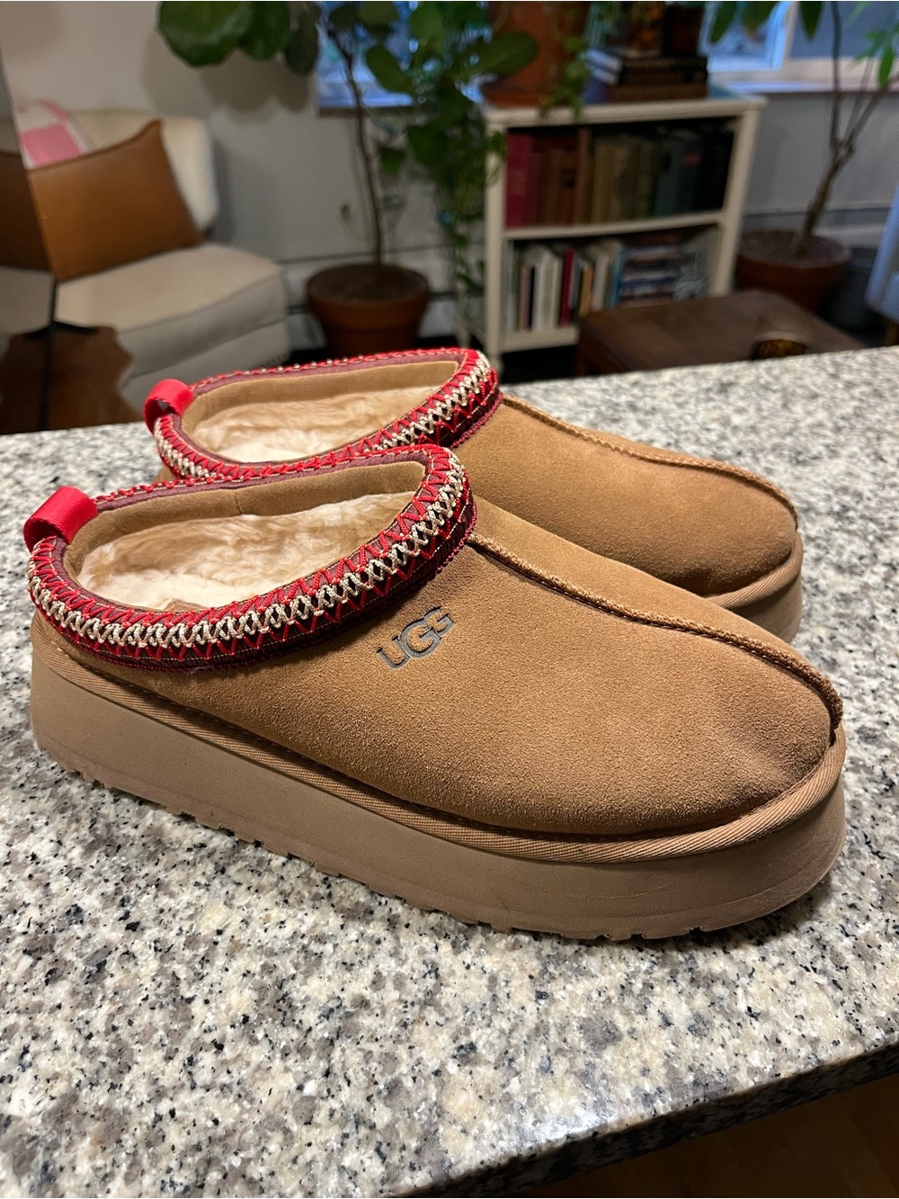 UGG Chestnut Suede Shearling Mule with Red Trim